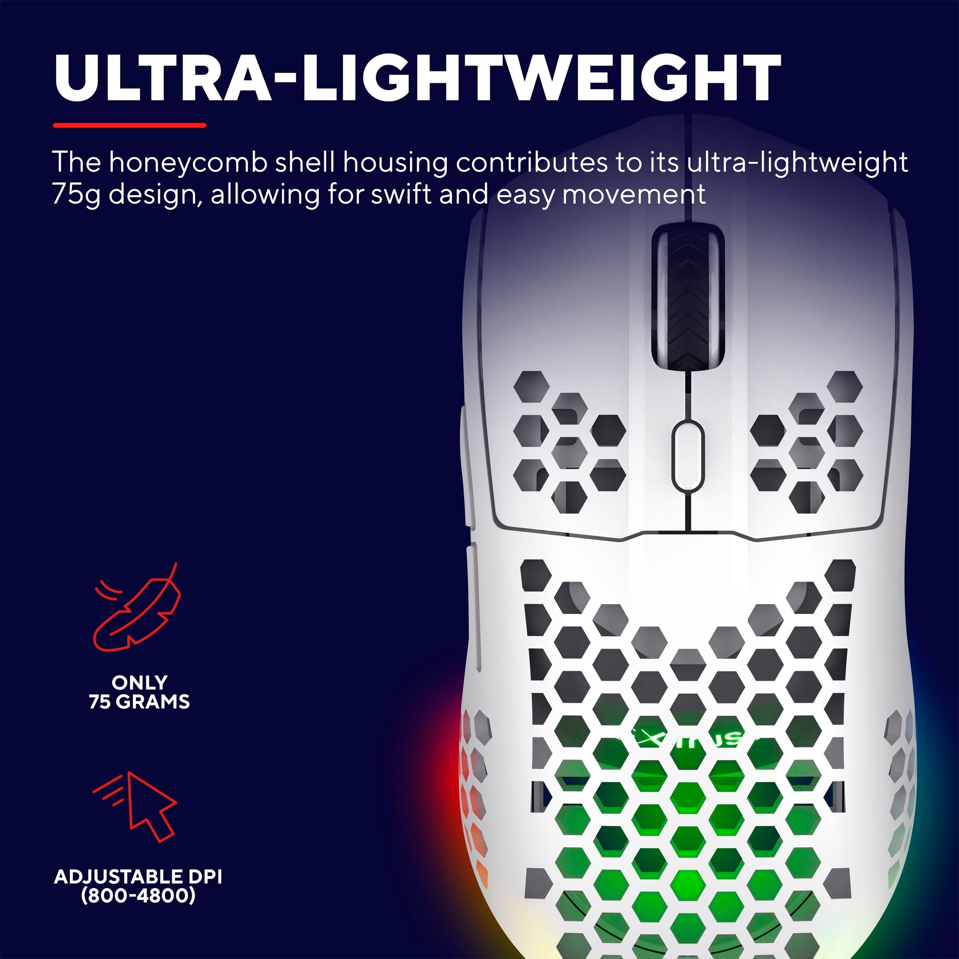 Trust Helox GXT929 trådløs mus hvid, honeycomb-design, farvede LED-lys bund, 75g, justerbar DPI 800-4800, røde ikoner.