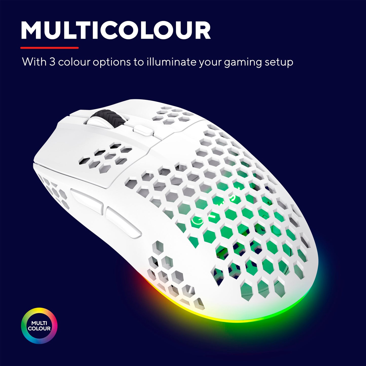Trust Helox GXT929 trådløs gaming mus hvid med honeycomb-design, RGB-lys og "MULTICOLOUR" tekst samt 3 farvevalg ikon.