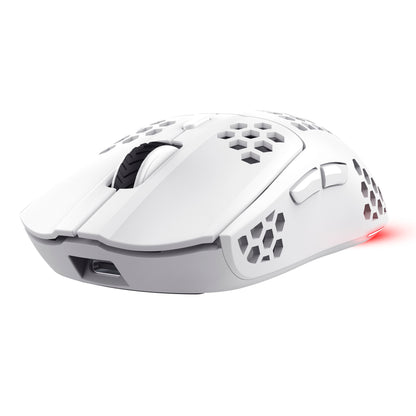 Trust Helox GXT929 trådløs gaming mus, hvid, sekskantede udskæringer, ergonomisk design.