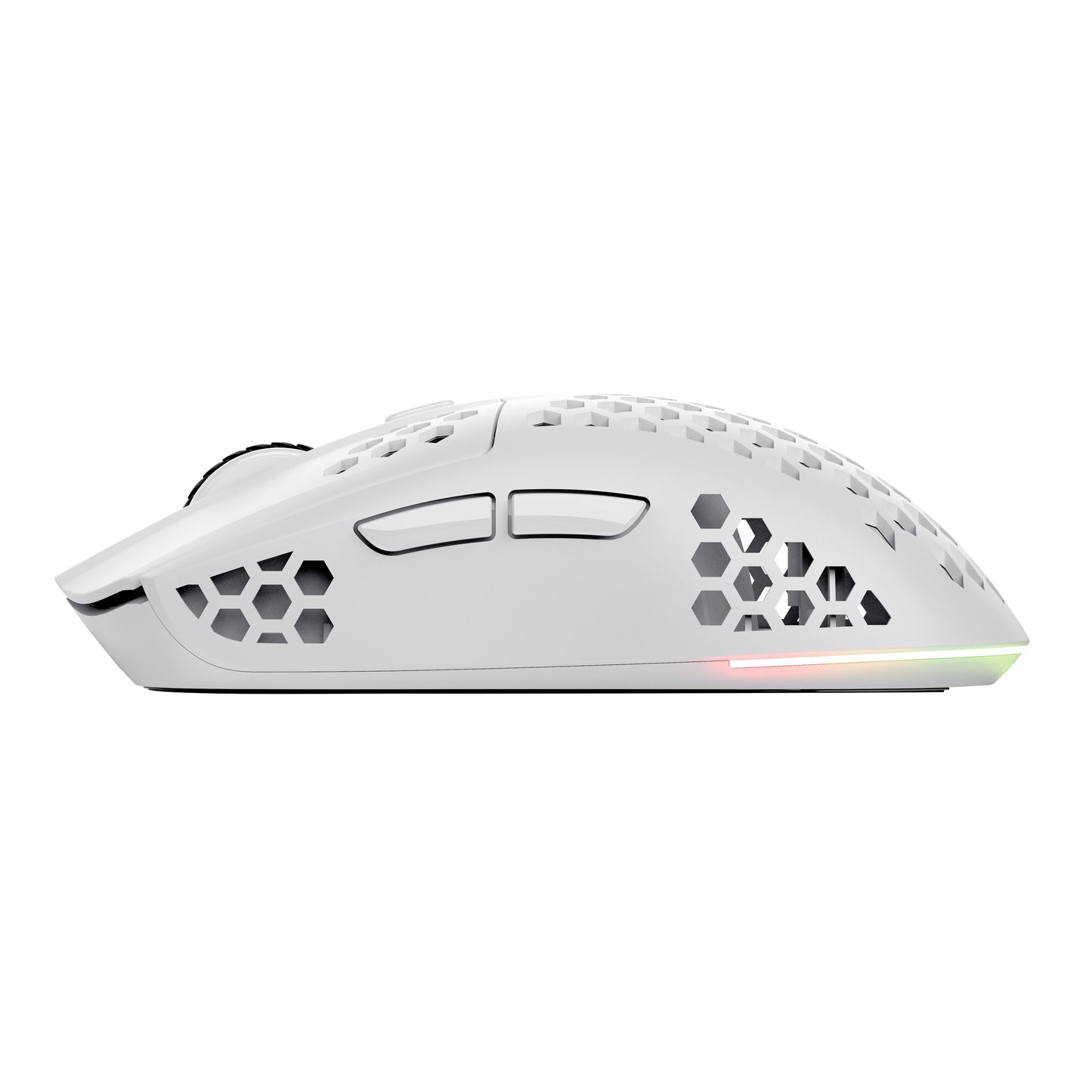 Trust Helox GXT929 trådløs gaming mus hvid, sideview med sekskantede udskæringer, 2 sideknapper og smal RGB-lyslinje.