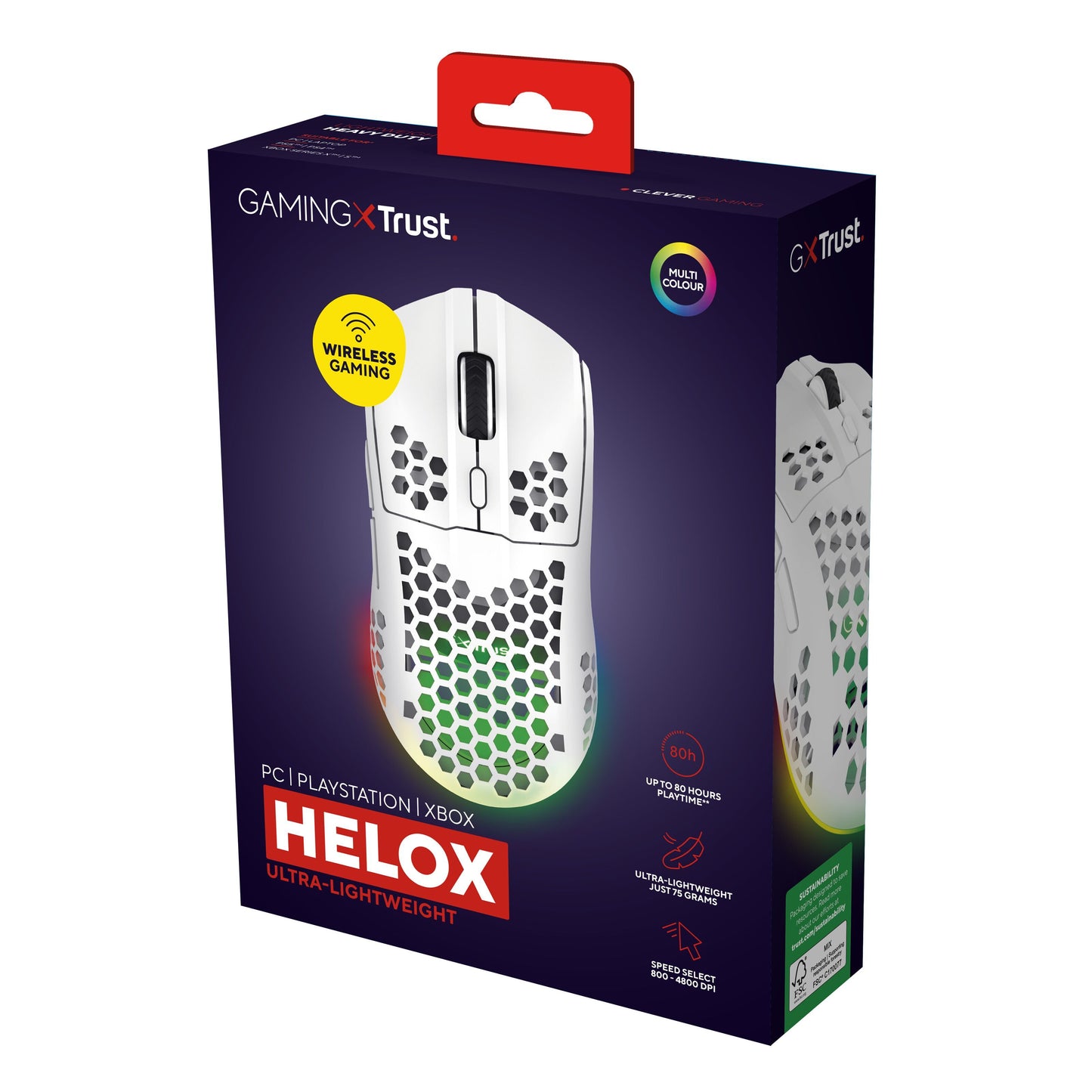 Trust Helox GXT929 trådløs gaming mus hvid, letvægts honeycomb-design, RGB-lys, kompatibel med PC, PlayStation og Xbox.
