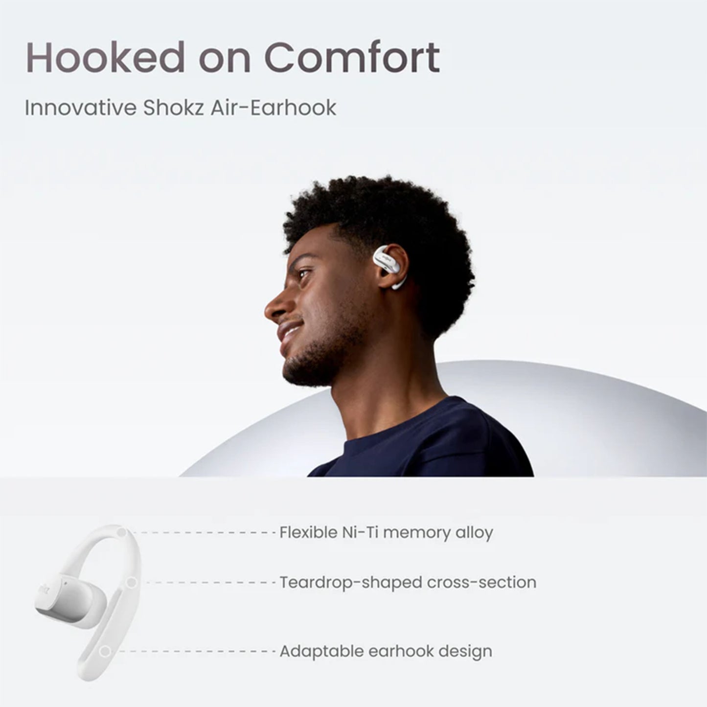 Shokz OpenFit Air trådløse hovedtelefoner Hvid, open-ear design, fleksibel Ni-Ti memory alloy og justerbar earhook.