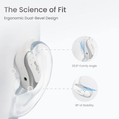 Shokz OpenFit Air trådløse hovedtelefoner hvid med dual-bevel open-ear design, 25,5° komfortvinkel og 18° stabilitet.