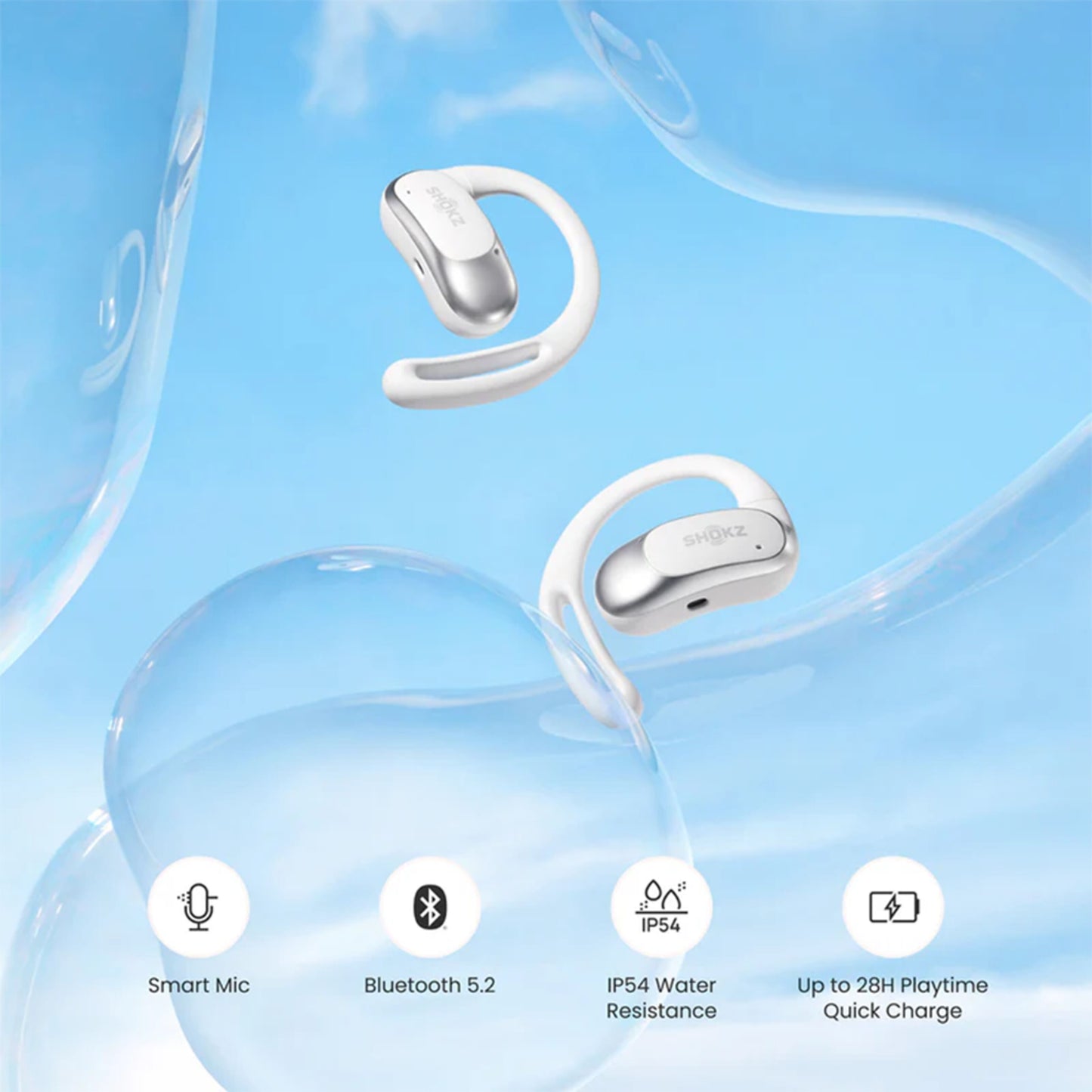 Shokz OpenFit Air trådløse hovedtelefoner hvid, open-ear, smart mic, Bluetooth 5.2, IP54, op til 28 t spilletid.
