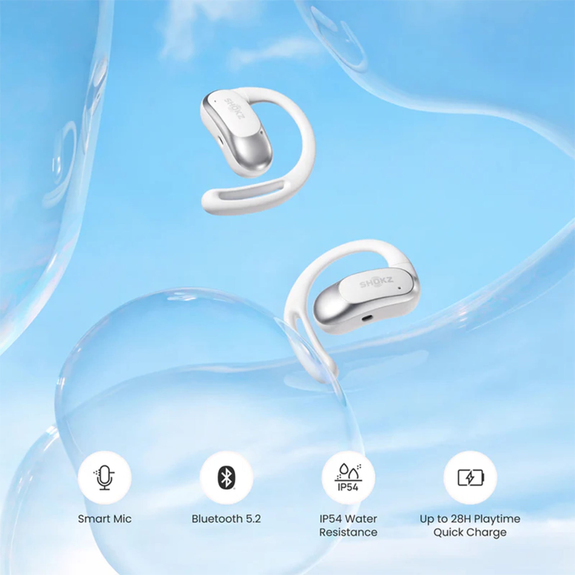 Shokz OpenFit Air trådløse hovedtelefoner hvid, open-ear, smart mic, Bluetooth 5.2, IP54, op til 28 t spilletid.