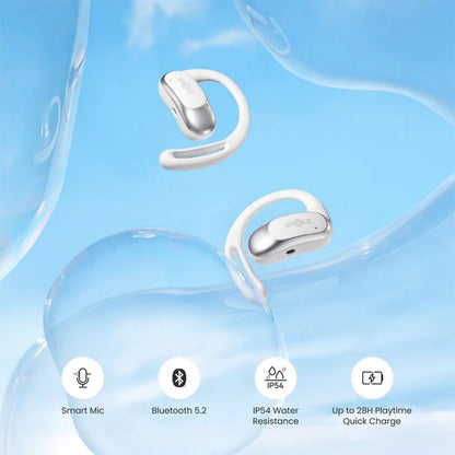 Shokz OpenFit Air trådløse hovedtelefoner hvid, open-ear, smart mic, Bluetooth 5.2, IP54, op til 28 t spilletid.