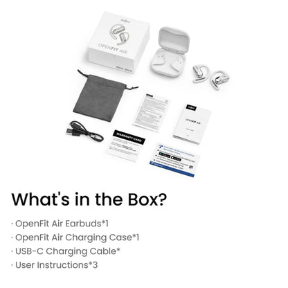 Shokz OpenFit Air trådløse hovedtelefoner hvid, to open-ear earbuds, opladeetui, USB-C kabel, pose, manualer og tilbehør.