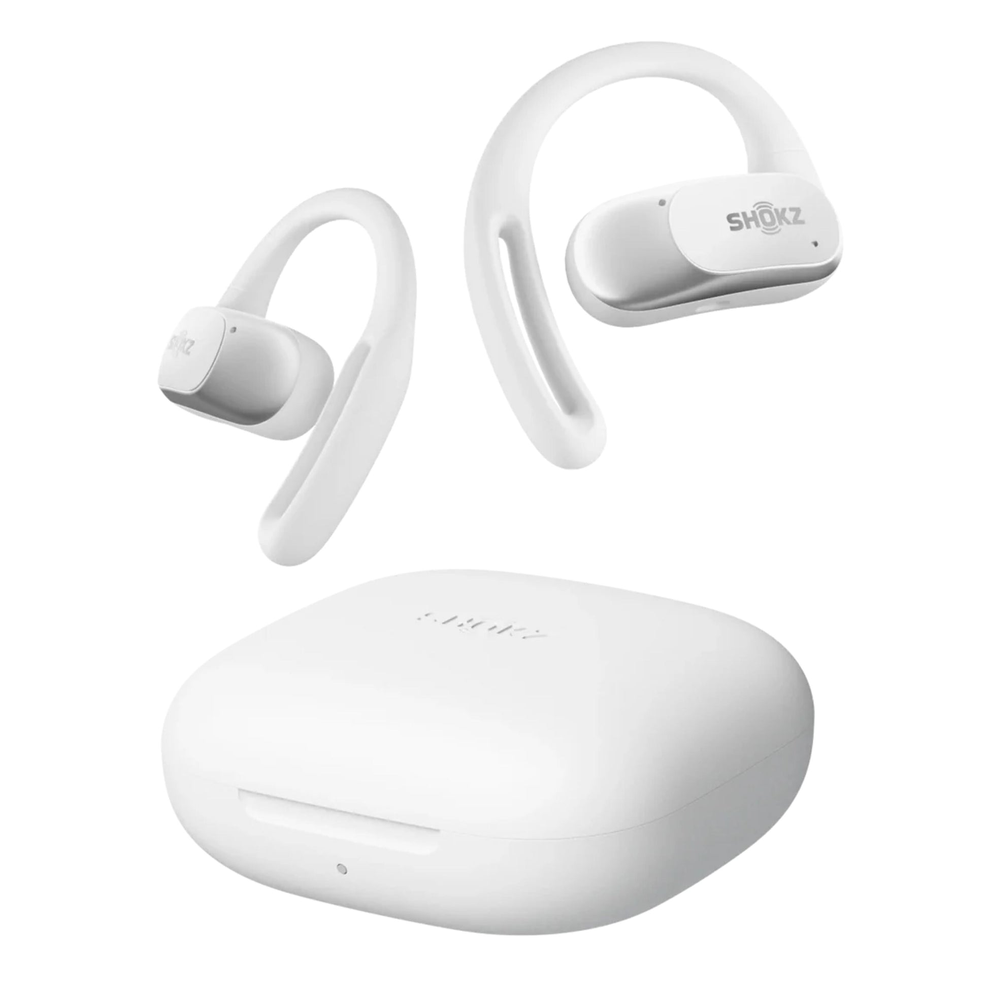 Shokz OpenFit Air trådløse hovedtelefoner hvid med ørekroge, åben øre-design, Shokz-logo og hvidt rundt opladningsetui.