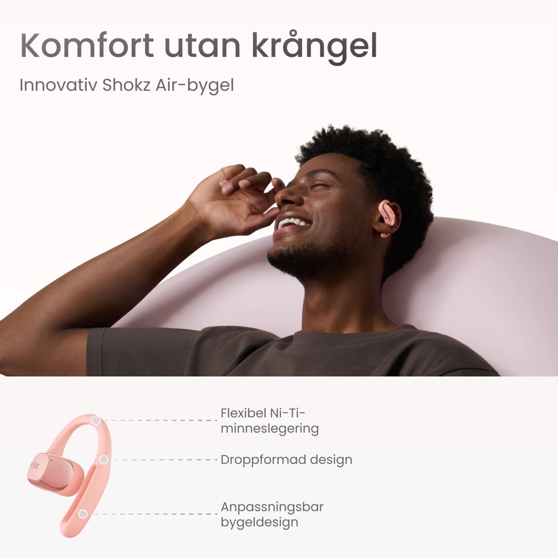 Shokz OpenFit Air trådløse hovedtelefoner lyserød, dråbeformet design, fleksibel Ni-Ti bøjle, justerbar ramme.