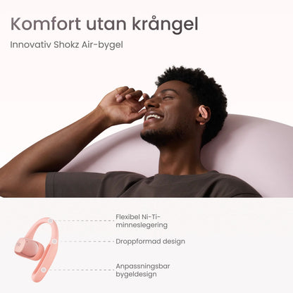 Shokz OpenFit Air trådløse hovedtelefoner lyserød, dråbeformet design, fleksibel Ni-Ti bøjle, justerbar ramme.