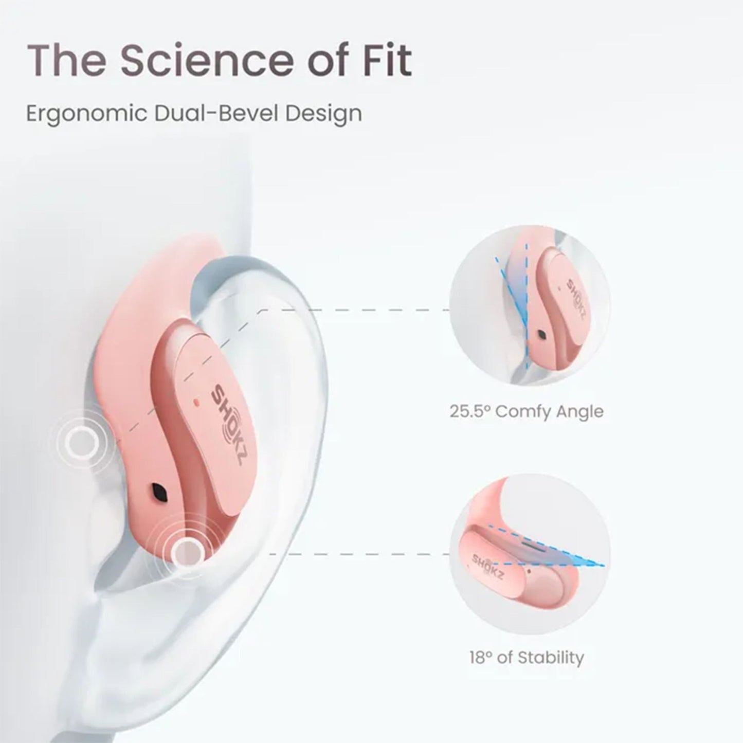 Shokz OpenFit Air trådløse hovedtelefoner i pink på øre, åben øredesign med 25,5° komfortvinkel og 18° stabilitet.