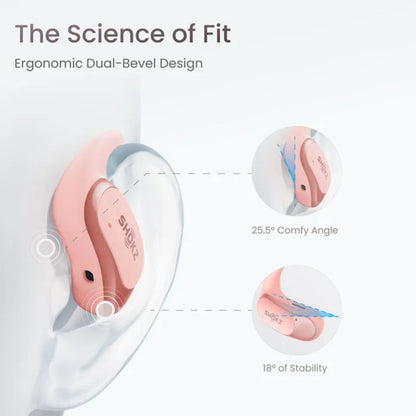 Shokz OpenFit Air trådløse hovedtelefoner i pink på øre, åben øredesign med 25,5° komfortvinkel og 18° stabilitet.