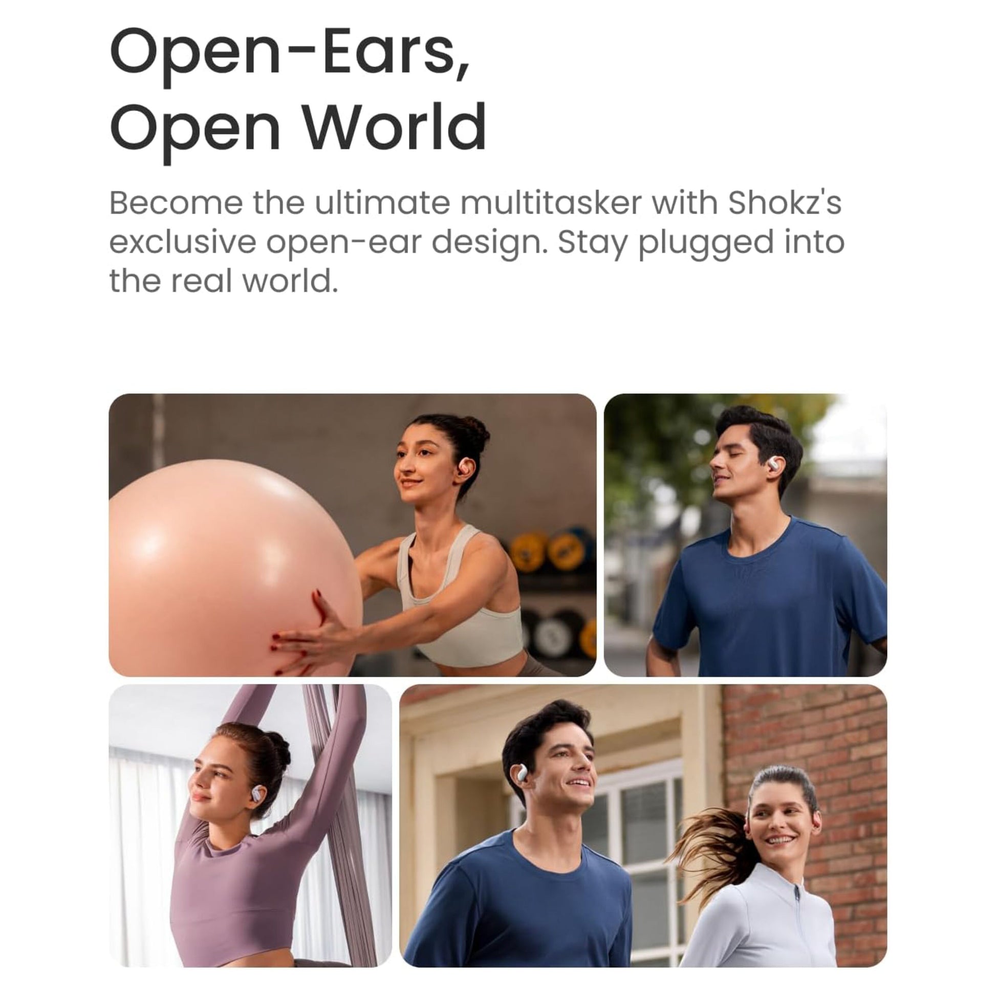 Shokz OpenFit Air trådløse hovedtelefoner lyserød med åben ørekonstruktion vises brugt til træning og udendørs aktivitet.