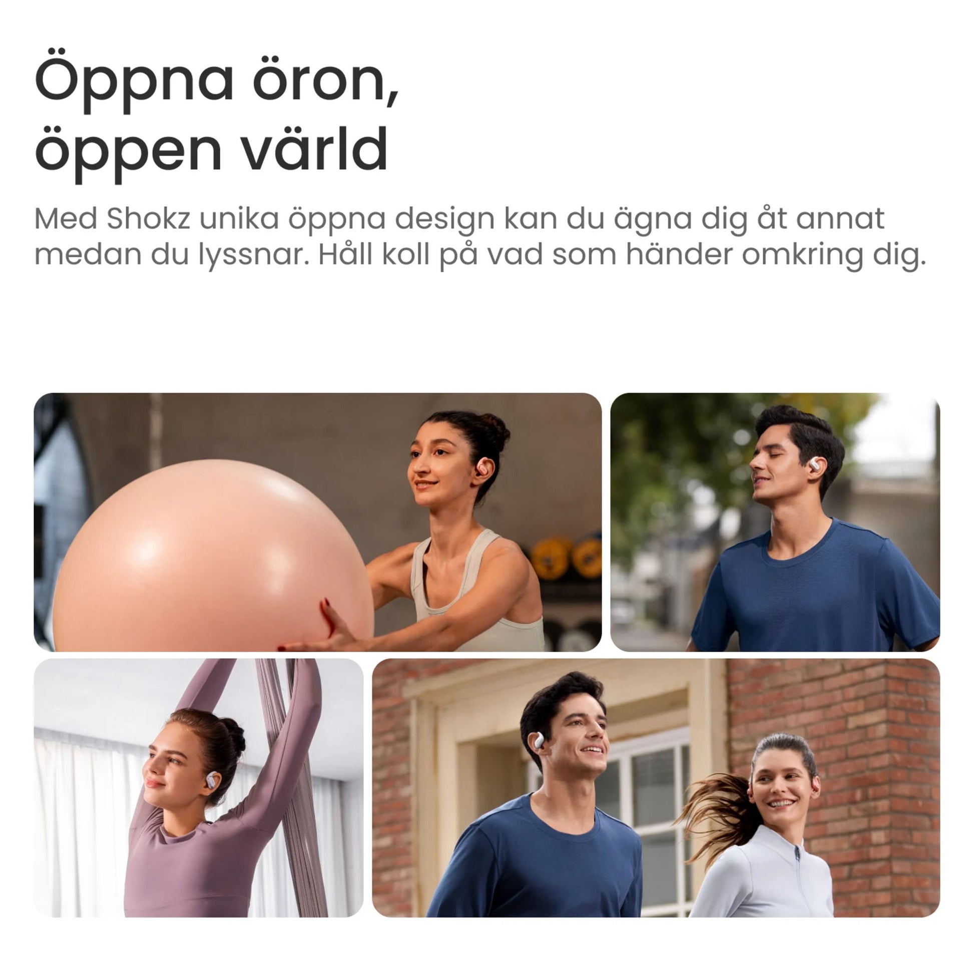 Shokz OpenFit Air trådløse hovedtelefoner lyserød på aktive personer, synligt åbent design, svensk tekst.