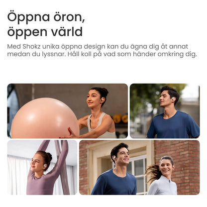 Shokz OpenFit Air trådløse hovedtelefoner lyserød på aktive personer, synligt åbent design, svensk tekst.