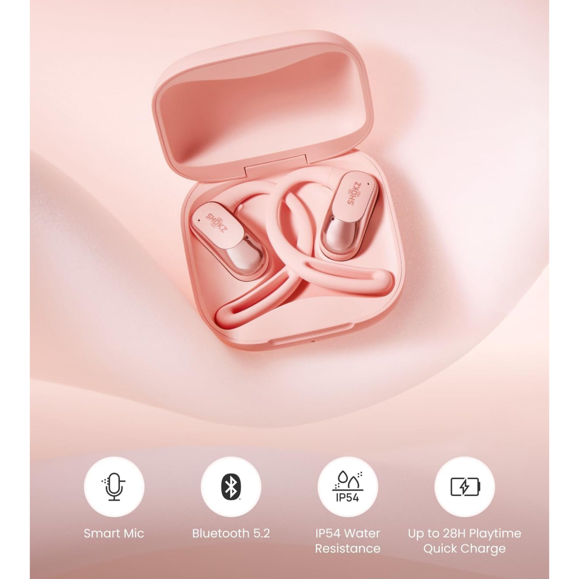 Shokz OpenFit Air trådløse hovedtelefoner lyserød, matchende opladeetui, Smart Mic, Bluetooth 5.2, IP54, 28 t afspilning.