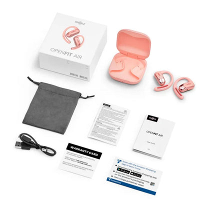 Shokz OpenFit Air trådløse hovedtelefoner lyserød med opladeetui, USB-kabel, sort pose, manualer og produktæske.
