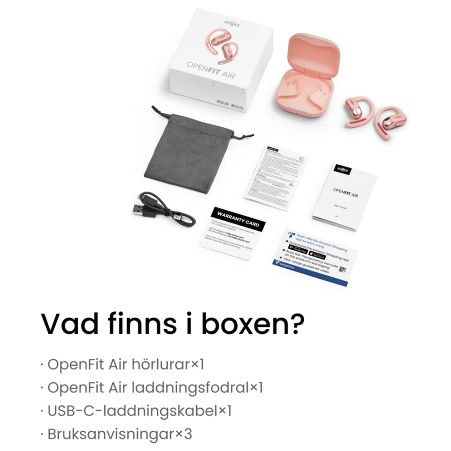 Shokz OpenFit Air trådløse hovedtelefoner lyserød med opladeetui, USB-C kabel, grå pose, garantikort og manual.