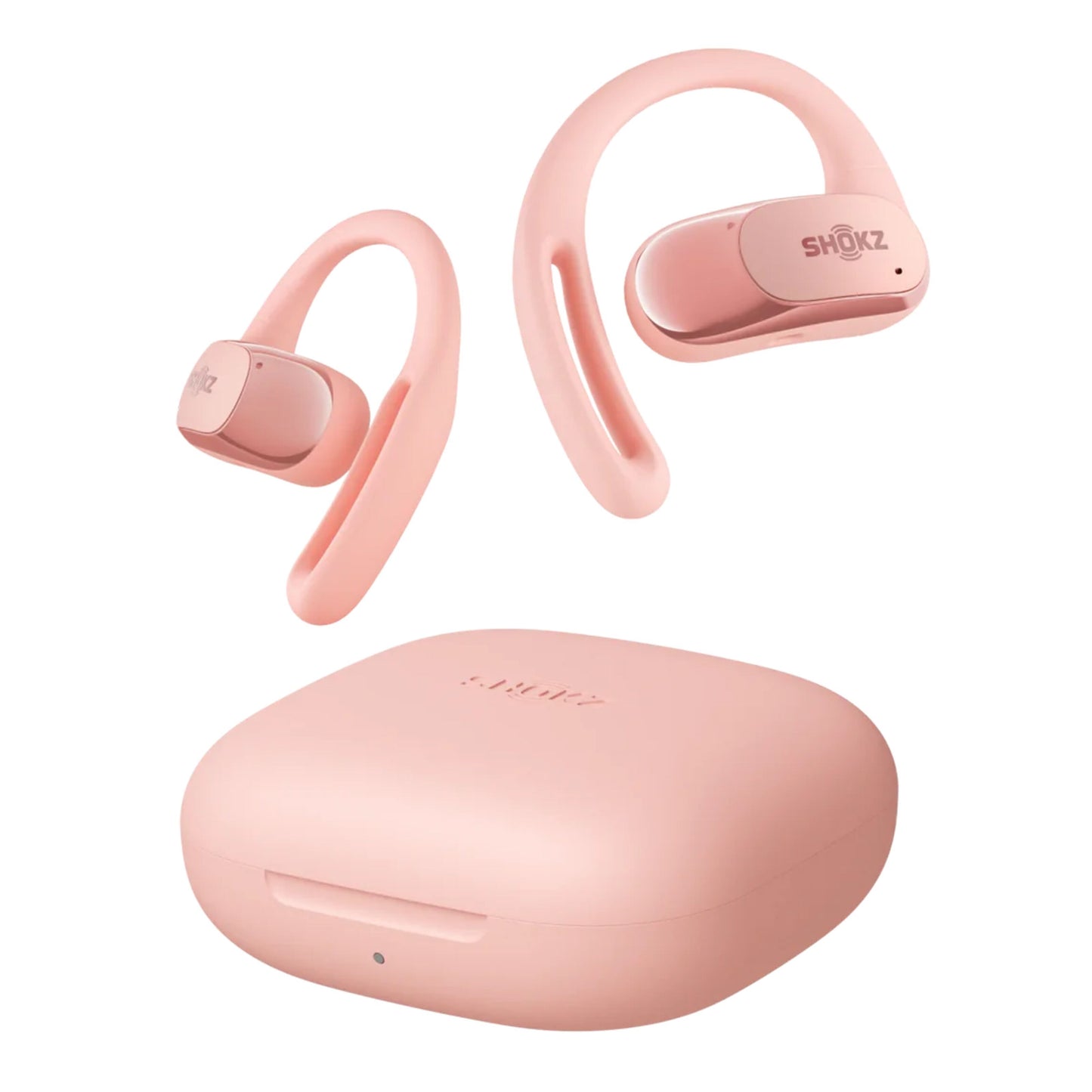 Shokz OpenFit Air trådløse hovedtelefoner lyserød med ørekroge og SHOKZ-logo, inklusiv matchende opladeetui.