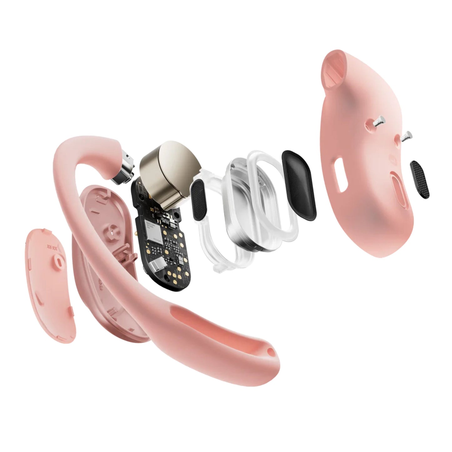 Shokz OpenFit Air trådløse hovedtelefoner lyserød i eksploderet visning med printplade, batteri, højtaler og kabinet.