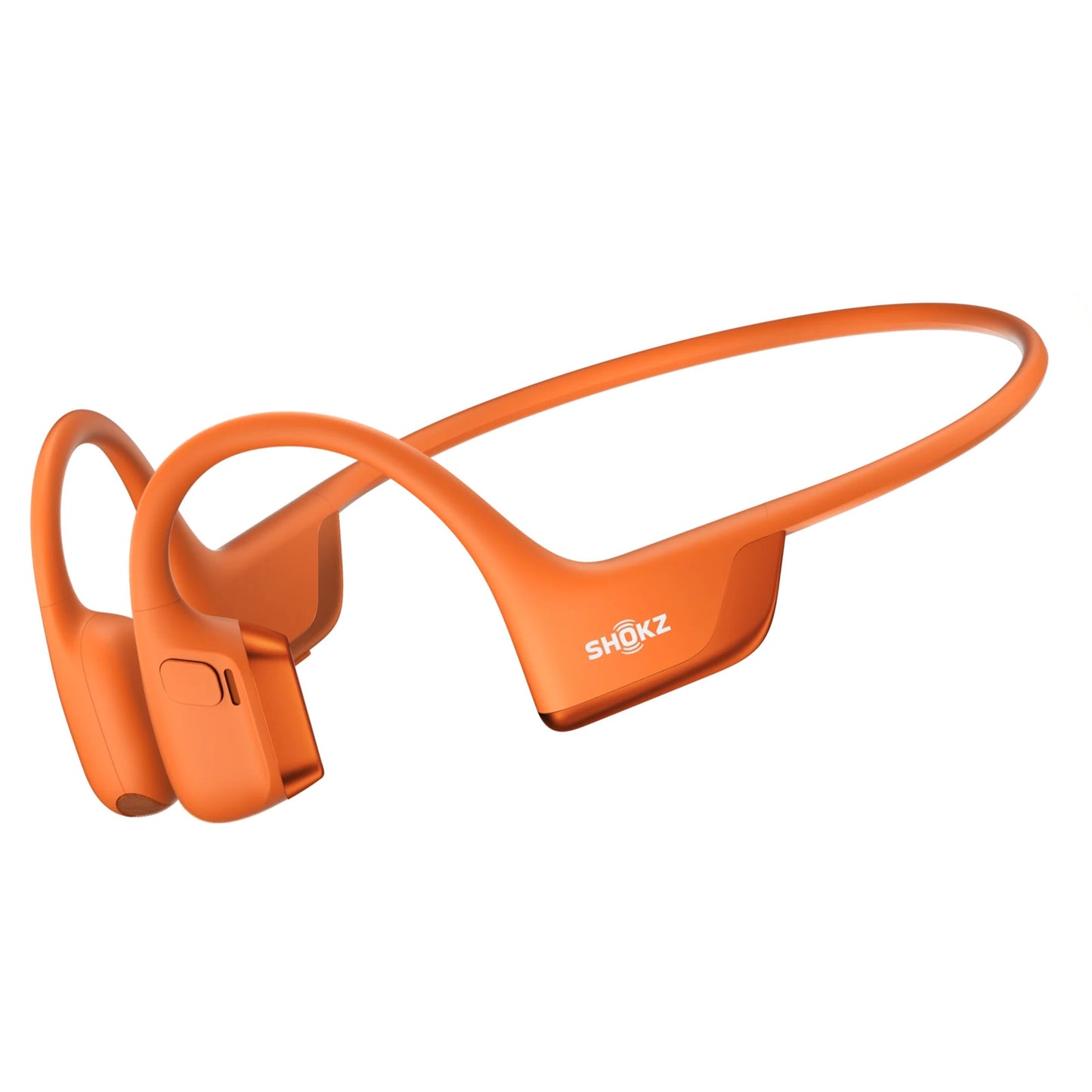 Shokz OpenRun Pro 2 Mini trådløse hovedtelefoner orange med benledningsteknologi, fleksibelt bånd og Shokz-logo.