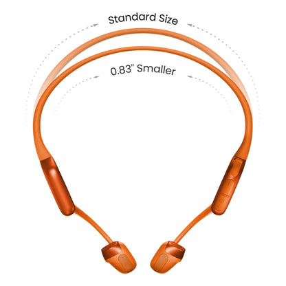 Shokz OpenRun Pro 2 Mini trådløse hovedtelefoner orange, mini-model 0,83" mindre end standard med "Standard Size"-etiket.