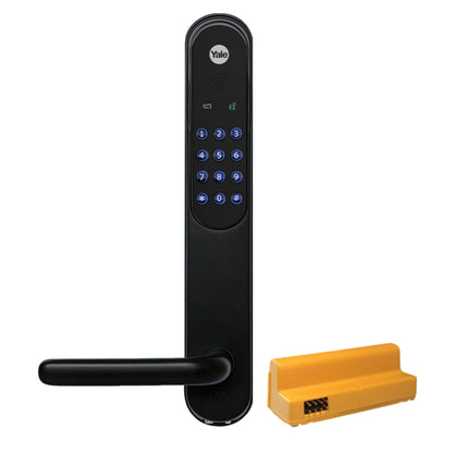 Yale Portier Classic Home sort, tastatur, håndtag, lille skærm og gult elektronisk modul.