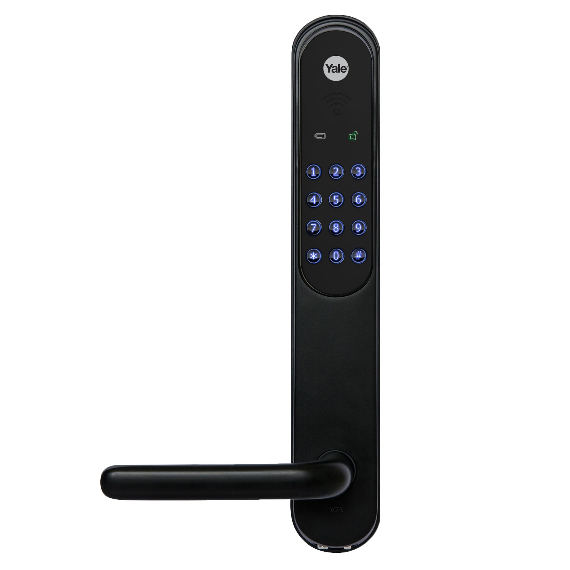 Yale Portier Classic Home elektronisk dørlås sort med oplyst numerisk tastatur, håndtag og små displayikoner.