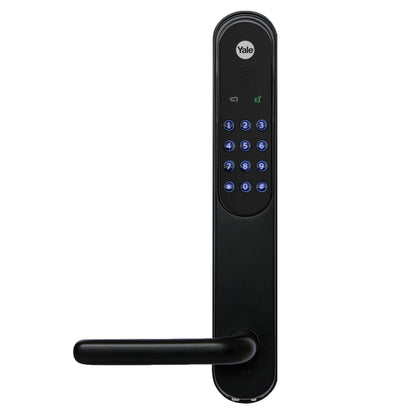 Yale Portier Classic Home elektronisk dørlås sort med oplyst numerisk tastatur, håndtag og små displayikoner.