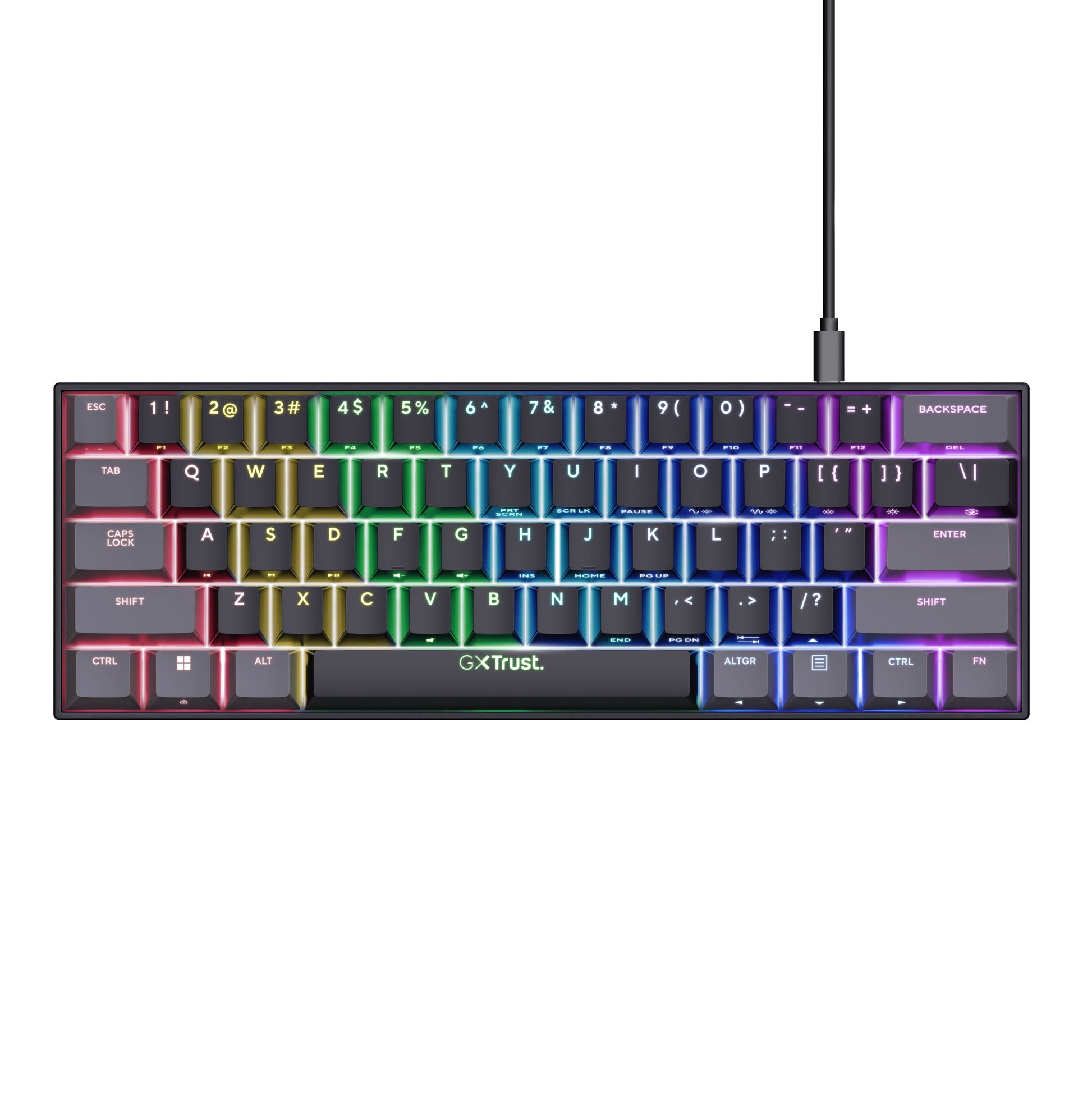 Trust Acira GXT867 60 kompakt kablet gaming-tastatur med regnbue RGB-baggrundsbelysning og Trust-logo over sort mellemrumstast.