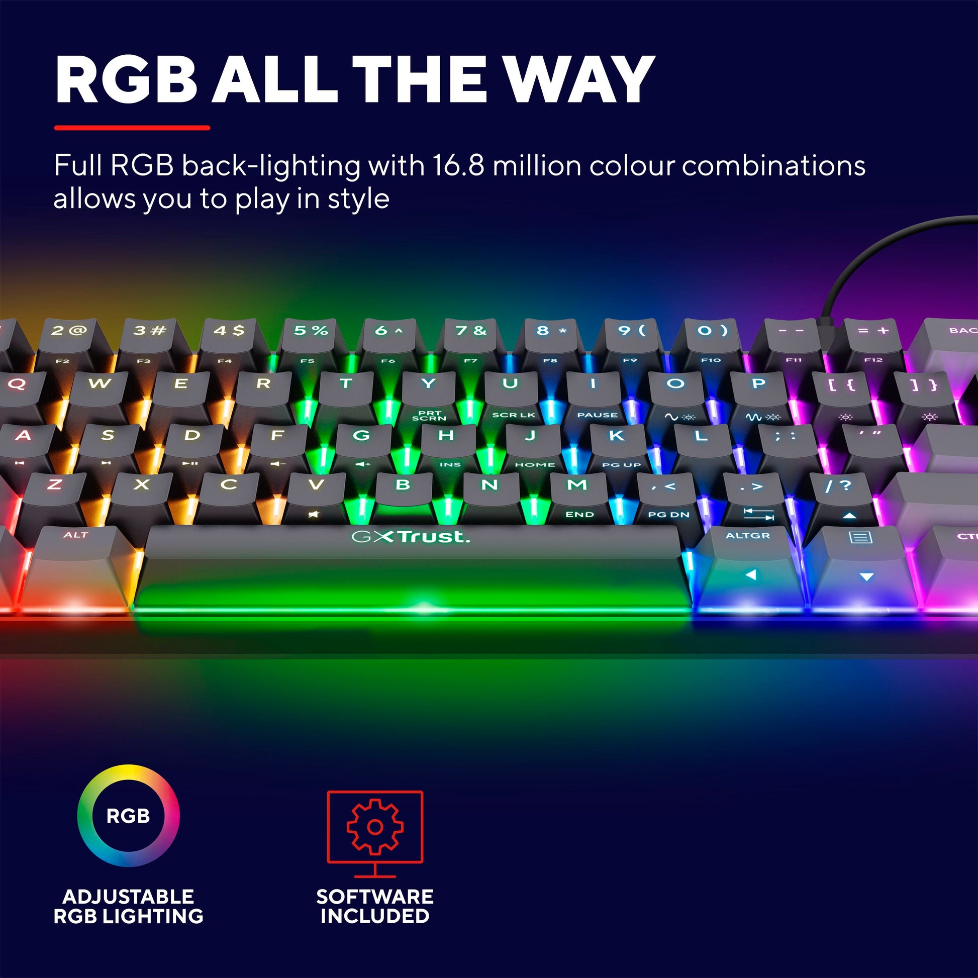 Trust Acira GXT867 60 mekanisk gaming-tastatur med RGB-belysning i 16,8 mio. farver og software-ikoner.