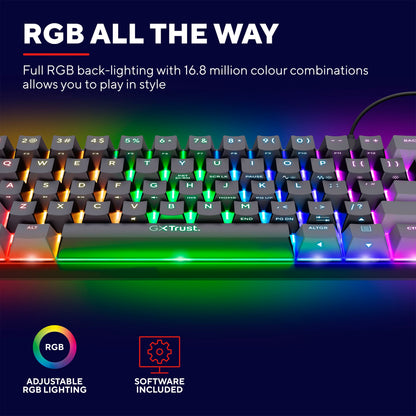 Trust Acira GXT867 60 mekanisk gaming-tastatur med RGB-belysning i 16,8 mio. farver og software-ikoner.