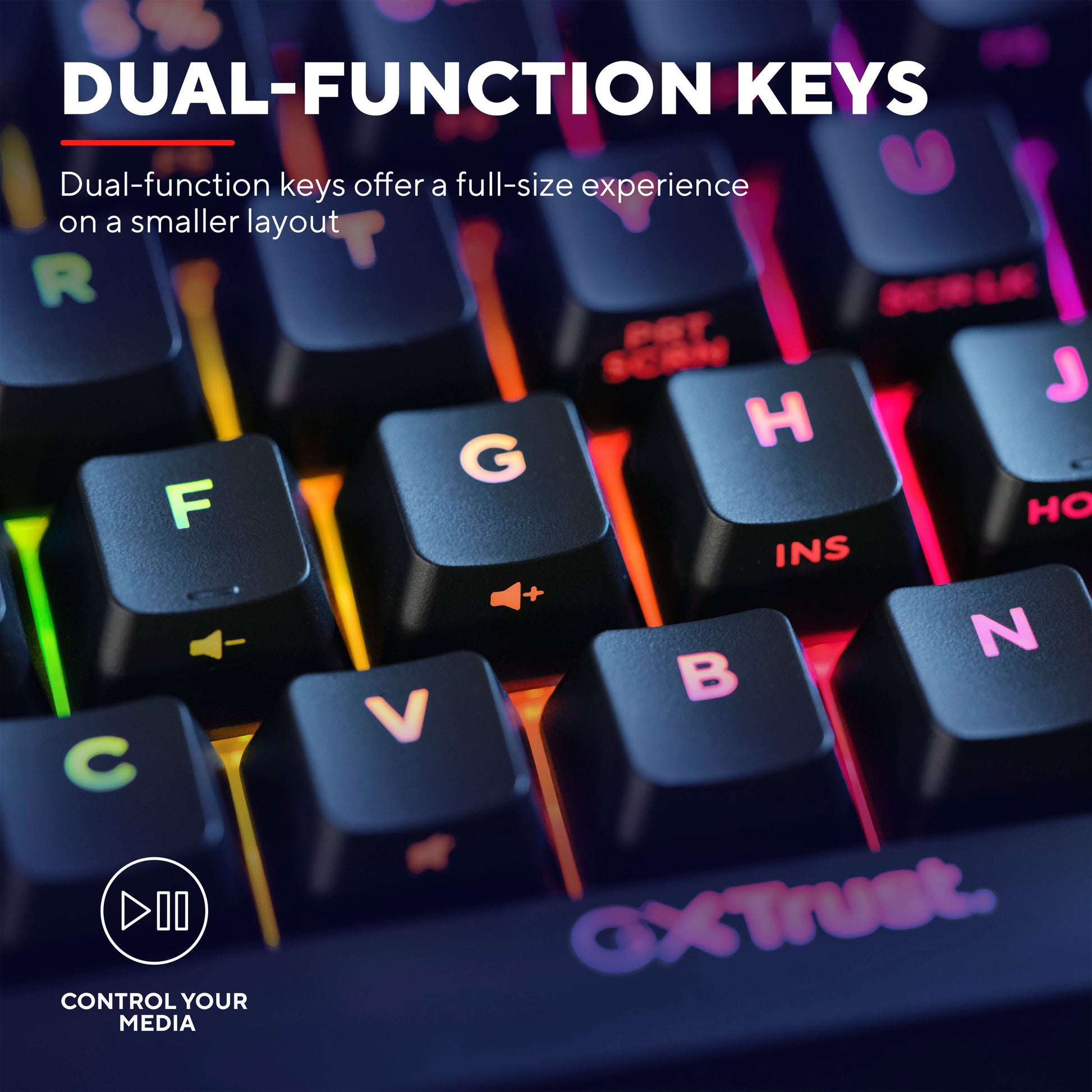 Trust Acira GXT867 Tastatur 60, kompakt RGB-taskebelyst tastatur med dobbeltfunktionstaster og medieikoner nederst til venstre.