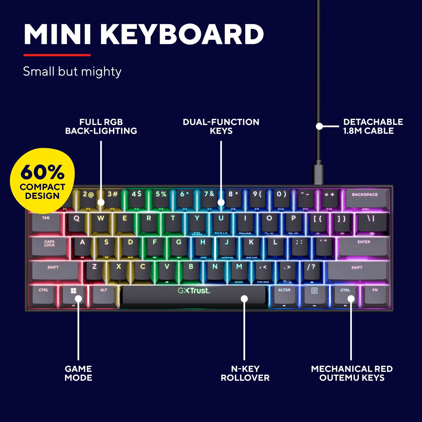 Trust Acira GXT867 60 kompakt mekanisk gaming-tastatur med RGB-lys, aftageligt 1,8m kabel og rød Outemu-switch.