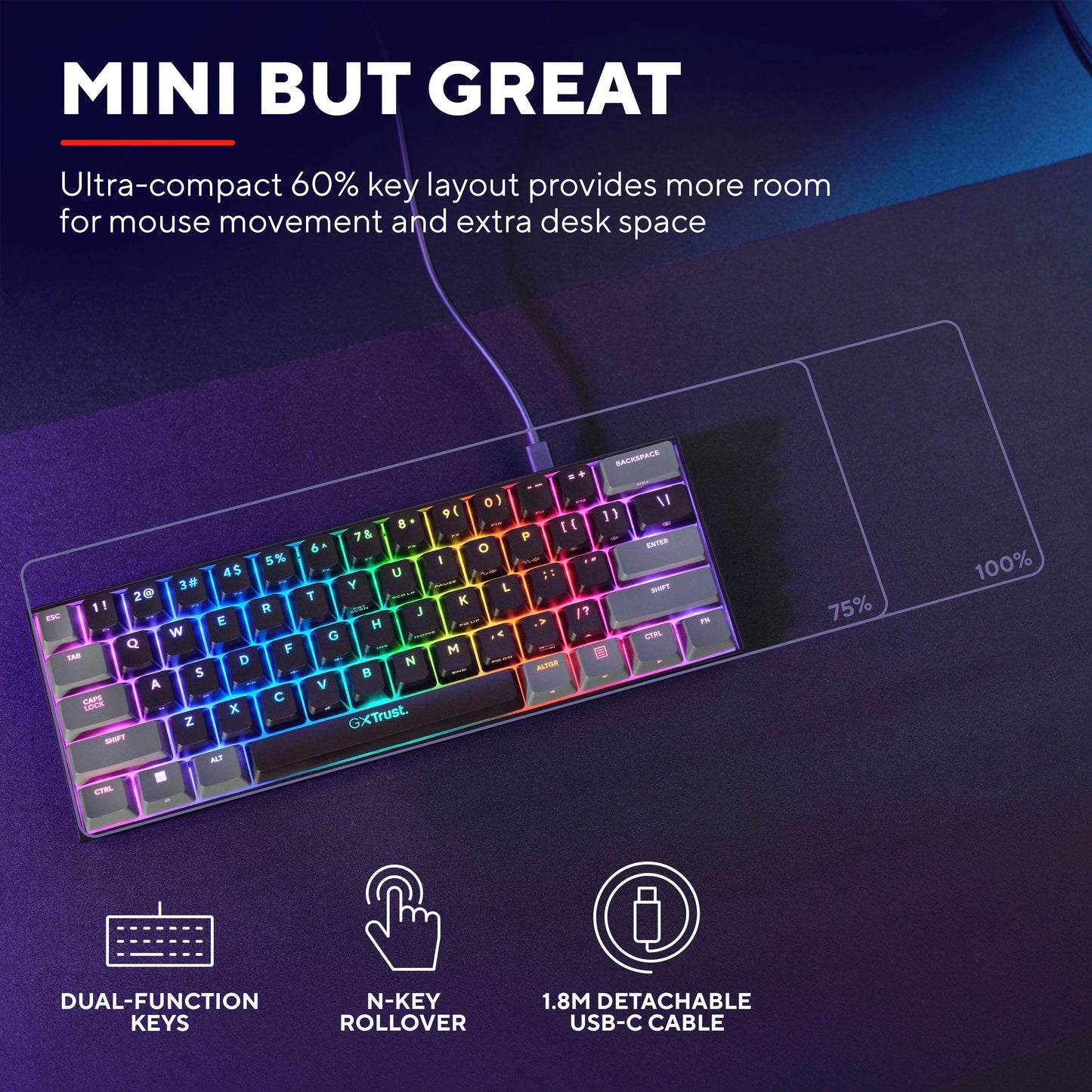 Acira GXT867 60 mekanisk tastatur med RGB-posebelysning, dobbeltfunktionstaster, N-key rollover og aftagelig USB-C-kabel.