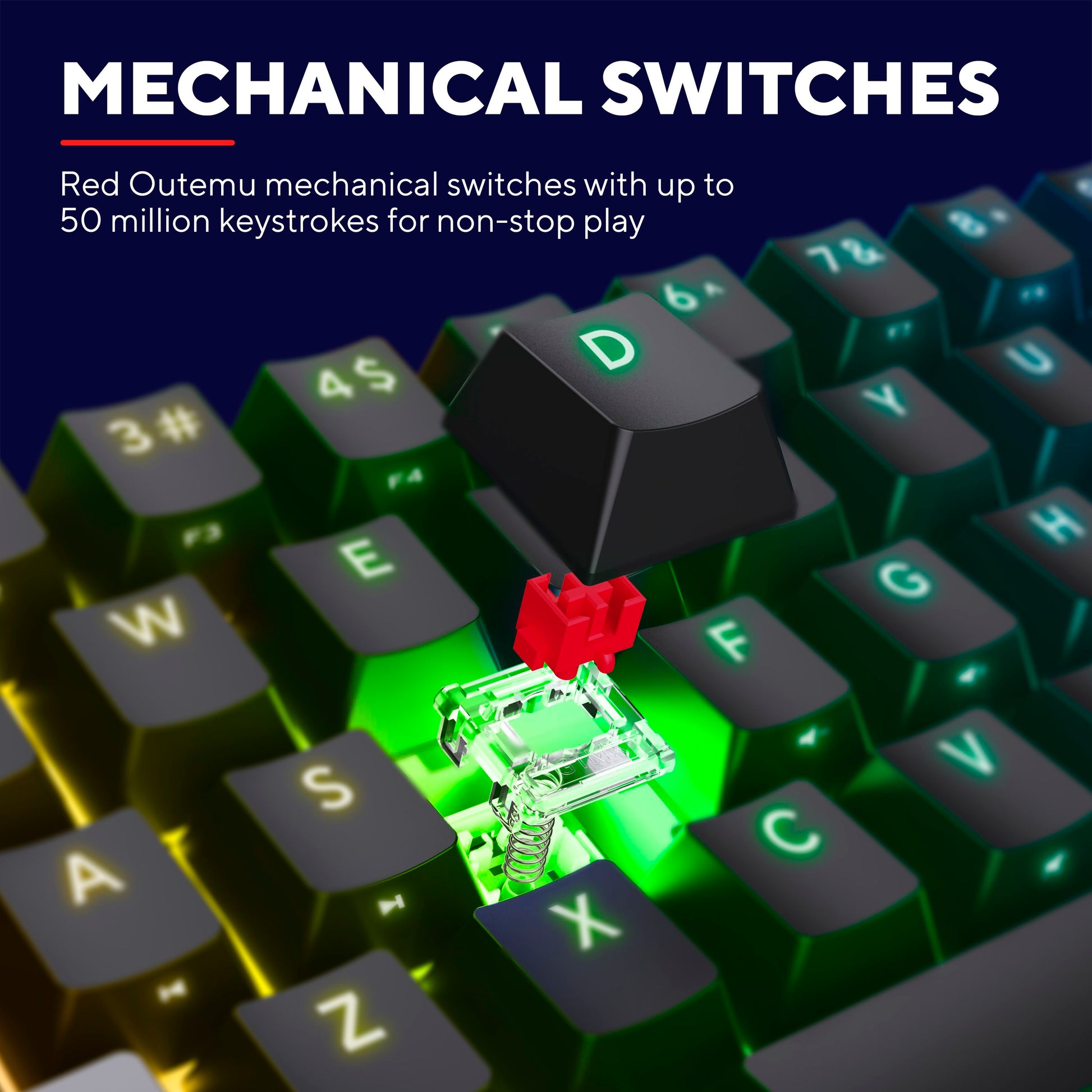 Trust Acira GXT867 Tastatur 60, røde Outemu switches, grøn belysning, aftaget keycap viser switch.
