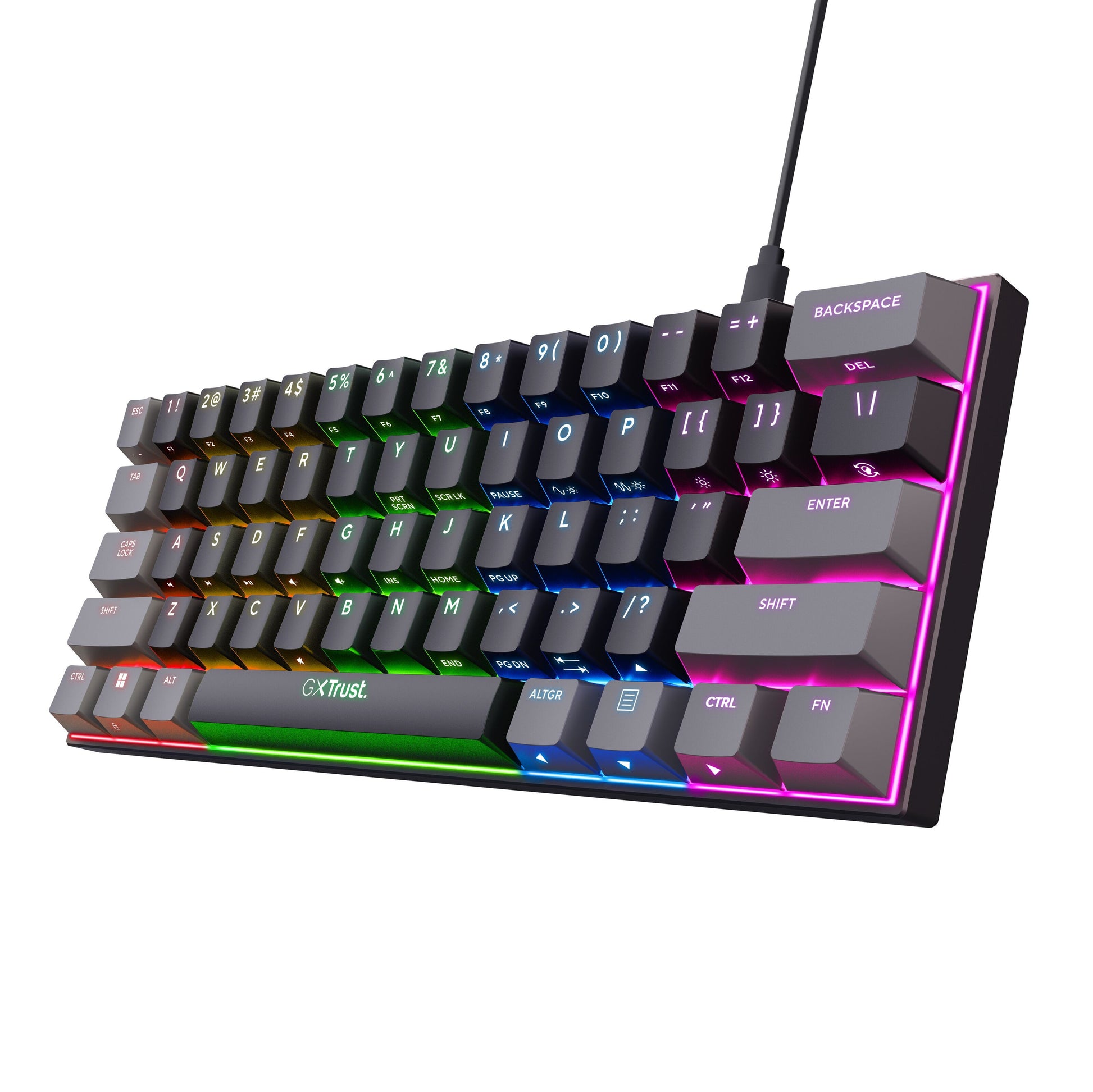 Trust Acira GXT867 60 mekanisk gaming tastatur, RGB baggrundsbelysning, Trust logo foran, sort kabel foroven.