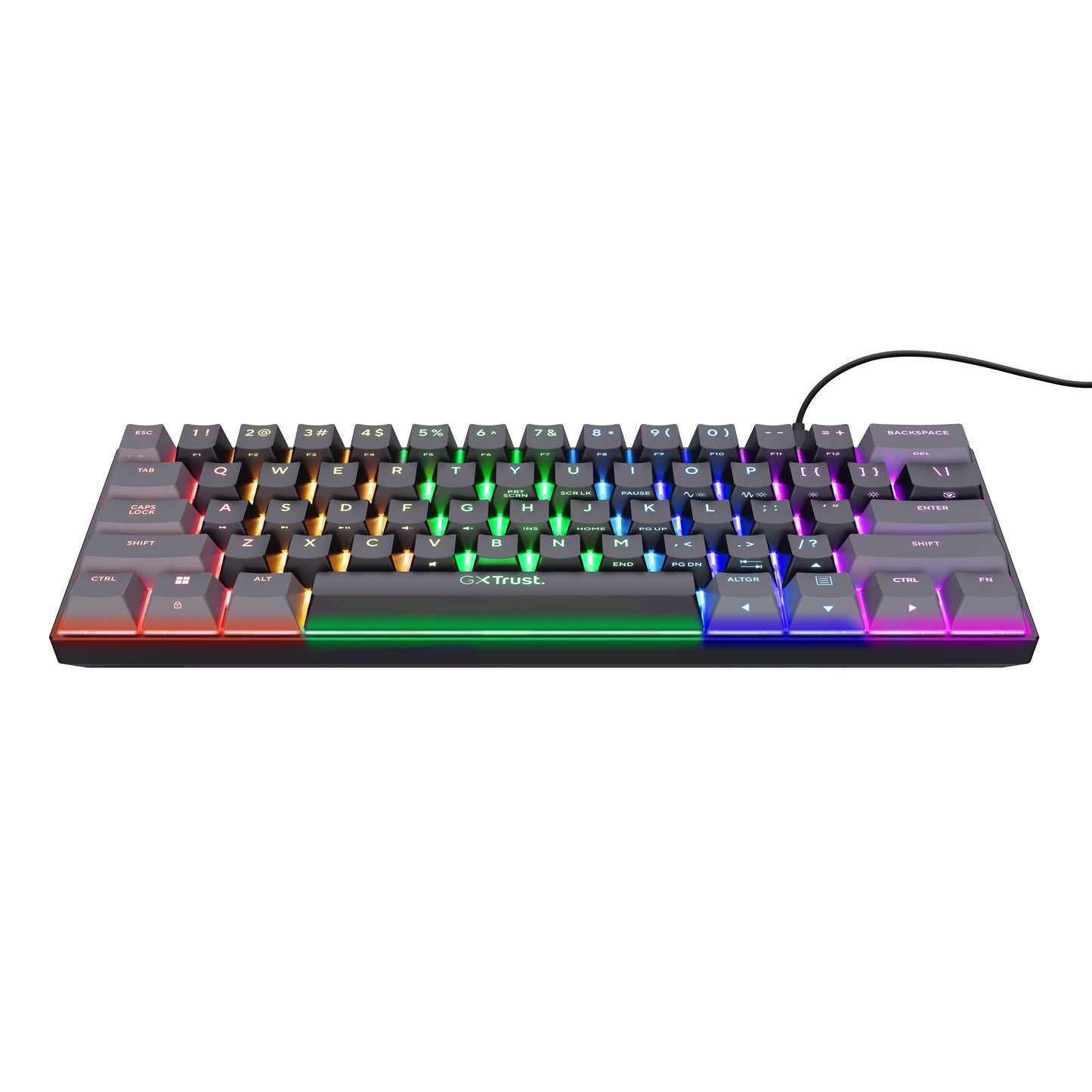 Trust Acira GXT867 60 kablet mekanisk tastatur med RGB-lys på taster og kanter, Trust-logo synligt på mellemrumstasten.