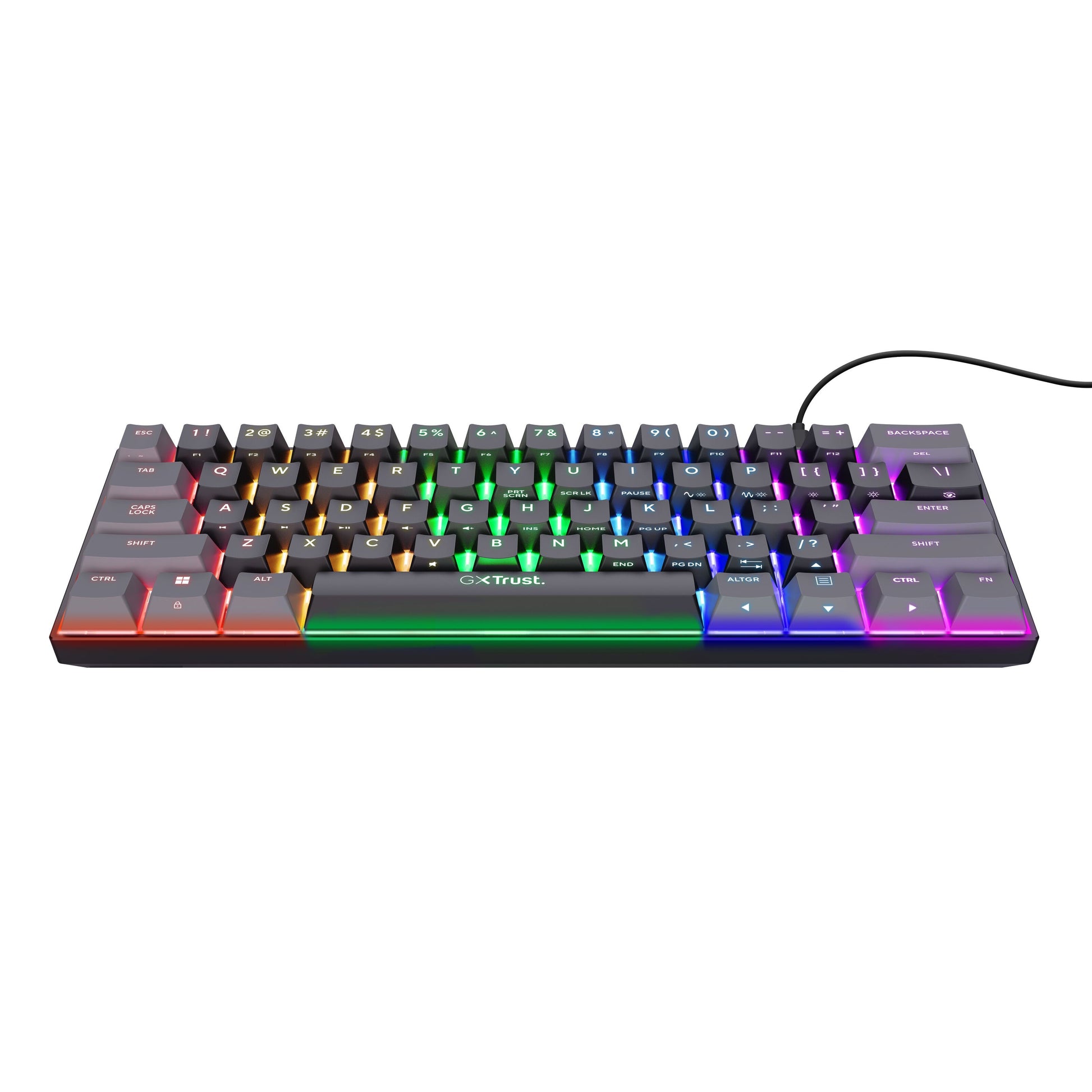 Trust Acira GXT867 60 kablet mekanisk tastatur med RGB-lys på taster og kanter, Trust-logo synligt på mellemrumstasten.