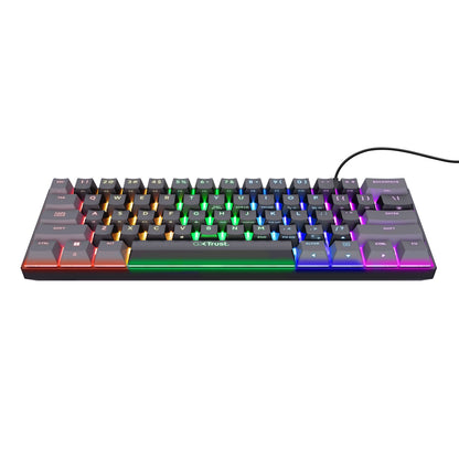 Trust Acira GXT867 60 kablet mekanisk tastatur med RGB-lys på taster og kanter, Trust-logo synligt på mellemrumstasten.