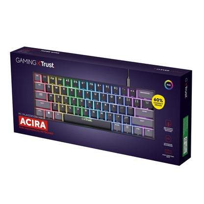 Trust Acira GXT867 Tastatur 60 gaming tastatur med RGB baggrundsbelysning, kompakt layout, farvede taster på æske.