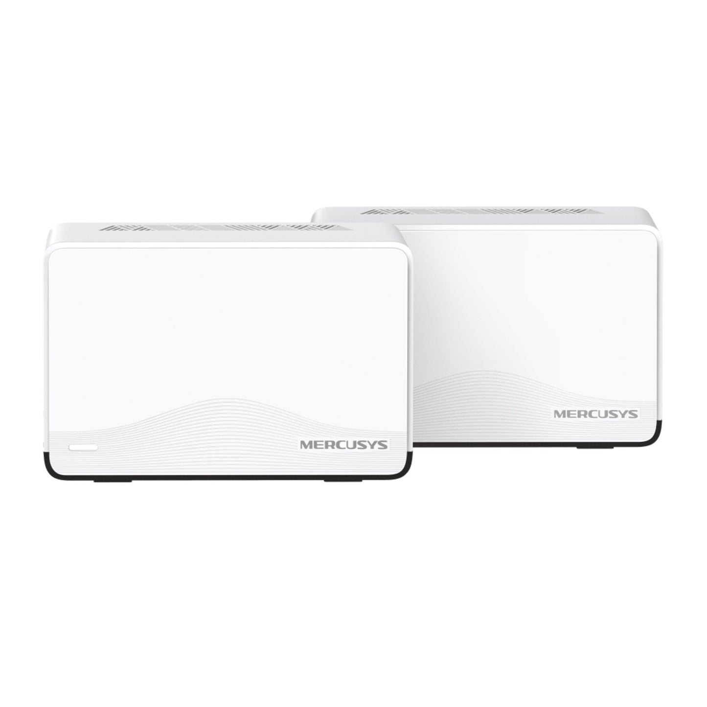 Mercusys Halo H27BE Mesh Wi-Fi 7 2-pak, hvide enheder med afrundede kanter og MERCUSYS-logo på fronten.