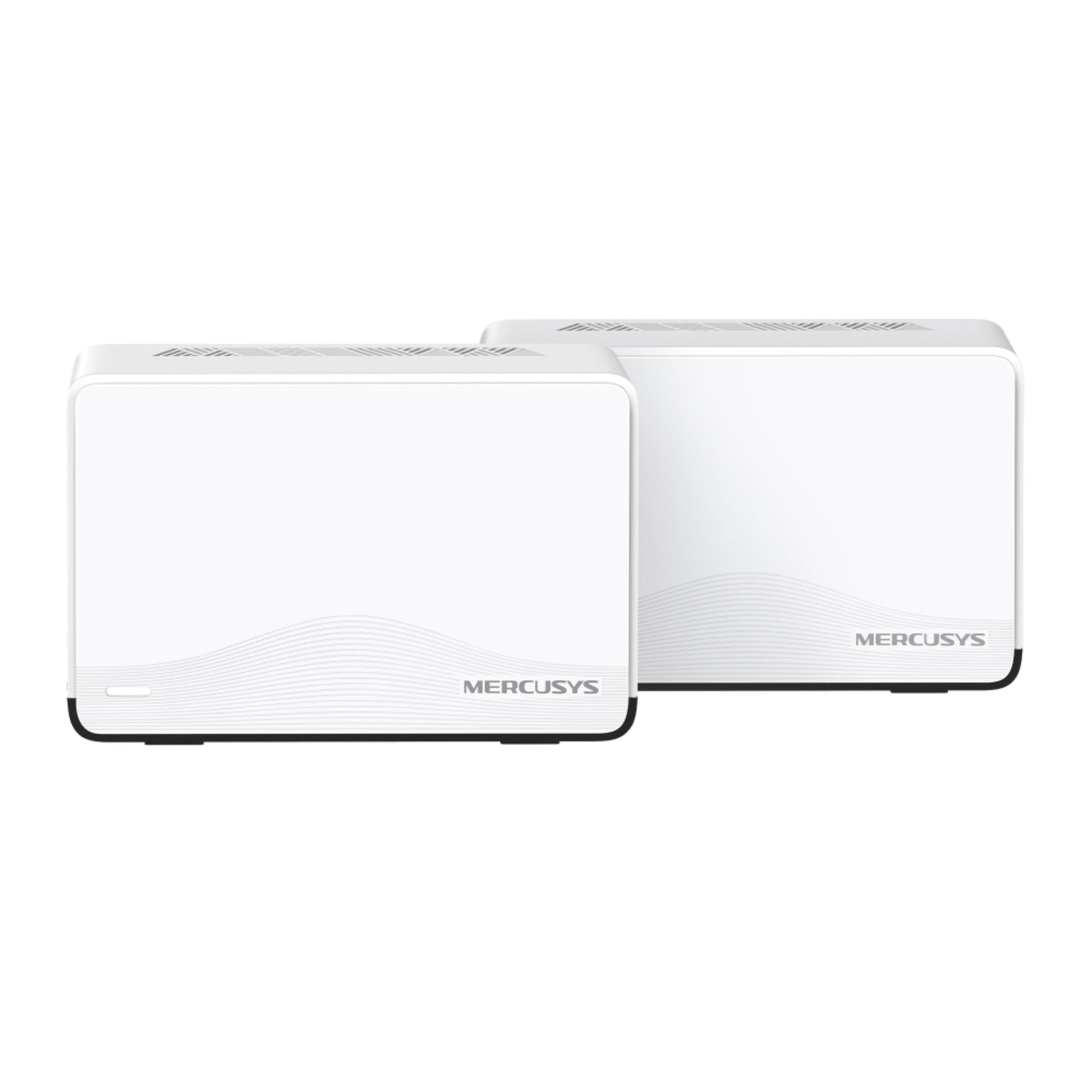 Mercusys Halo H27BE Mesh Wi-Fi 7 2-pak, hvide enheder med afrundede kanter og MERCUSYS-logo på fronten.