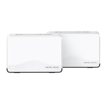 Mercusys Halo H27BE Mesh Wi-Fi 7 2-pak, hvide enheder med afrundede kanter og MERCUSYS-logo på fronten.