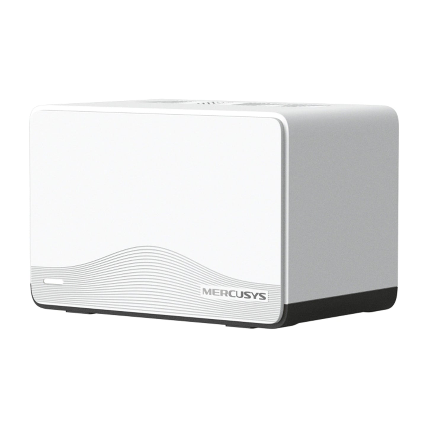 Mercusys Halo H27BE Mesh Wi-Fi 7 2-pak, hvid rektangulær med bølget front og gråt MERCUSYS-logo.
