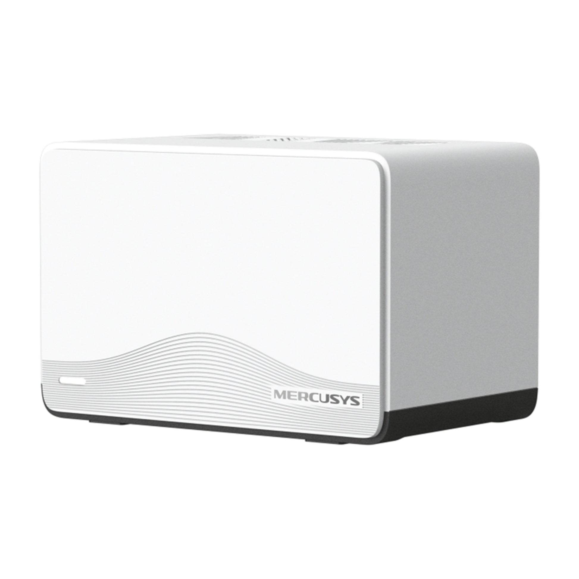 Mercusys Halo H27BE Mesh Wi-Fi 7 2-pak, hvid rektangulær med bølget front og gråt MERCUSYS-logo.