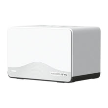 Mercusys Halo H27BE Mesh Wi-Fi 7 2-pak, hvid rektangulær med bølget front og gråt MERCUSYS-logo.