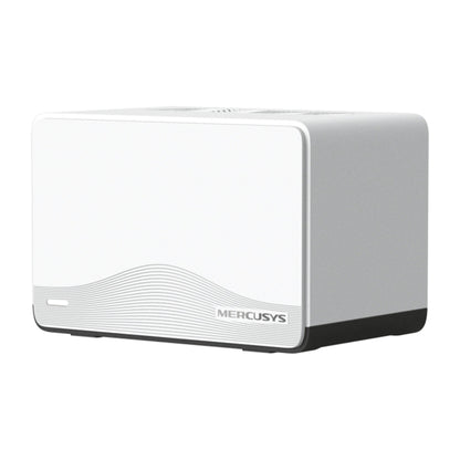 Mercusys Halo H27BE Mesh Wi-Fi 7 2-pak, hvid rektangulær med bølget front og gråt MERCUSYS-logo.