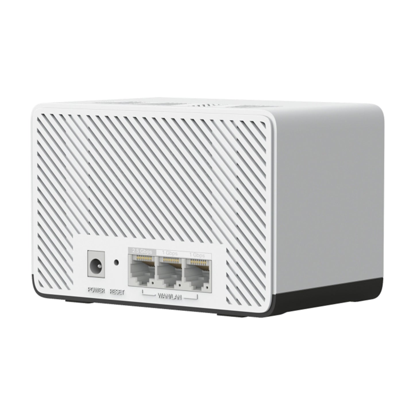 Mercusys Halo H27BE Mesh Wi-Fi 7 2-pak, ventilation, strøm, nulstilling og 3 Ethernet LAN-porte.