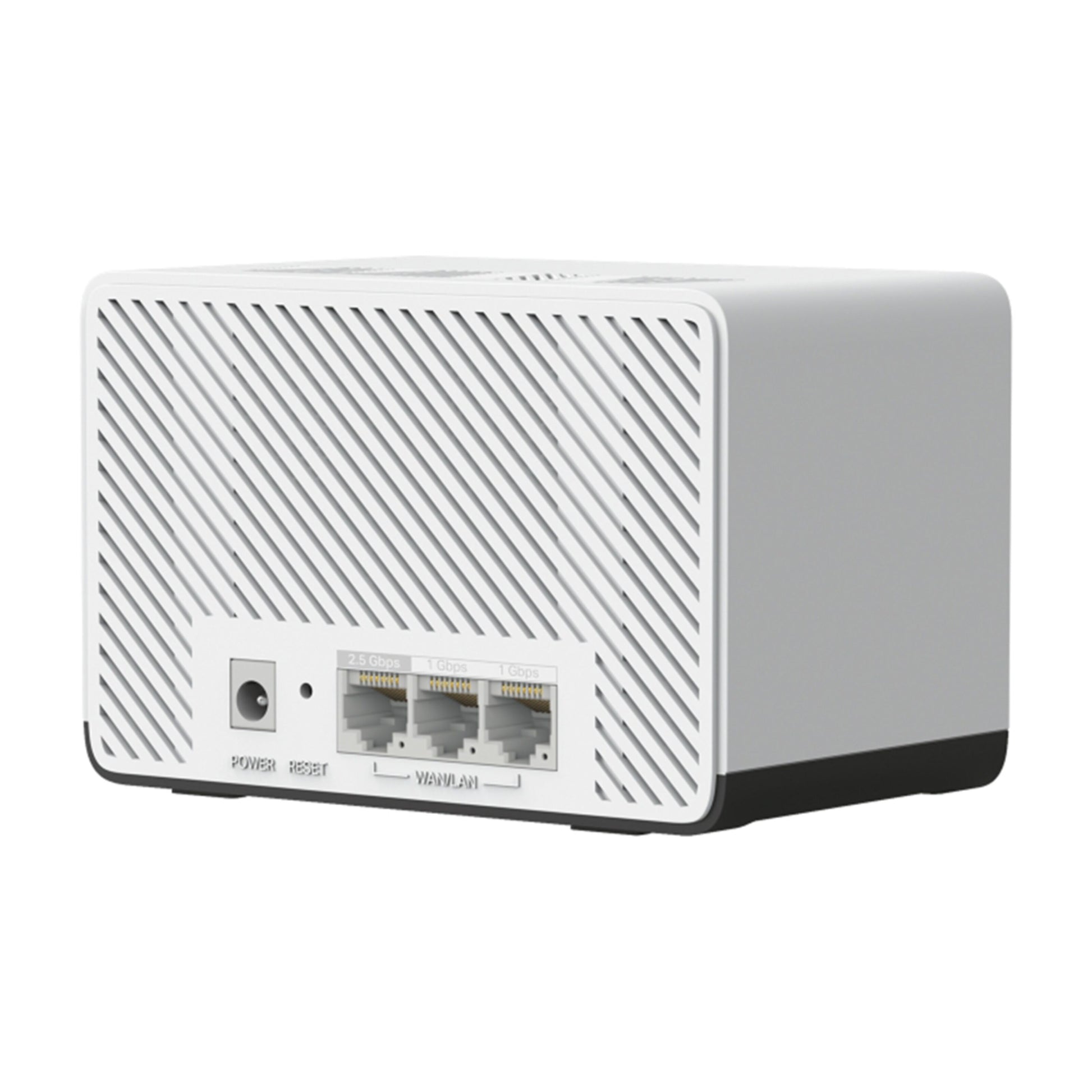 Mercusys Halo H27BE Mesh Wi-Fi 7 2-pak, ventilation, strøm, nulstilling og 3 Ethernet LAN-porte.